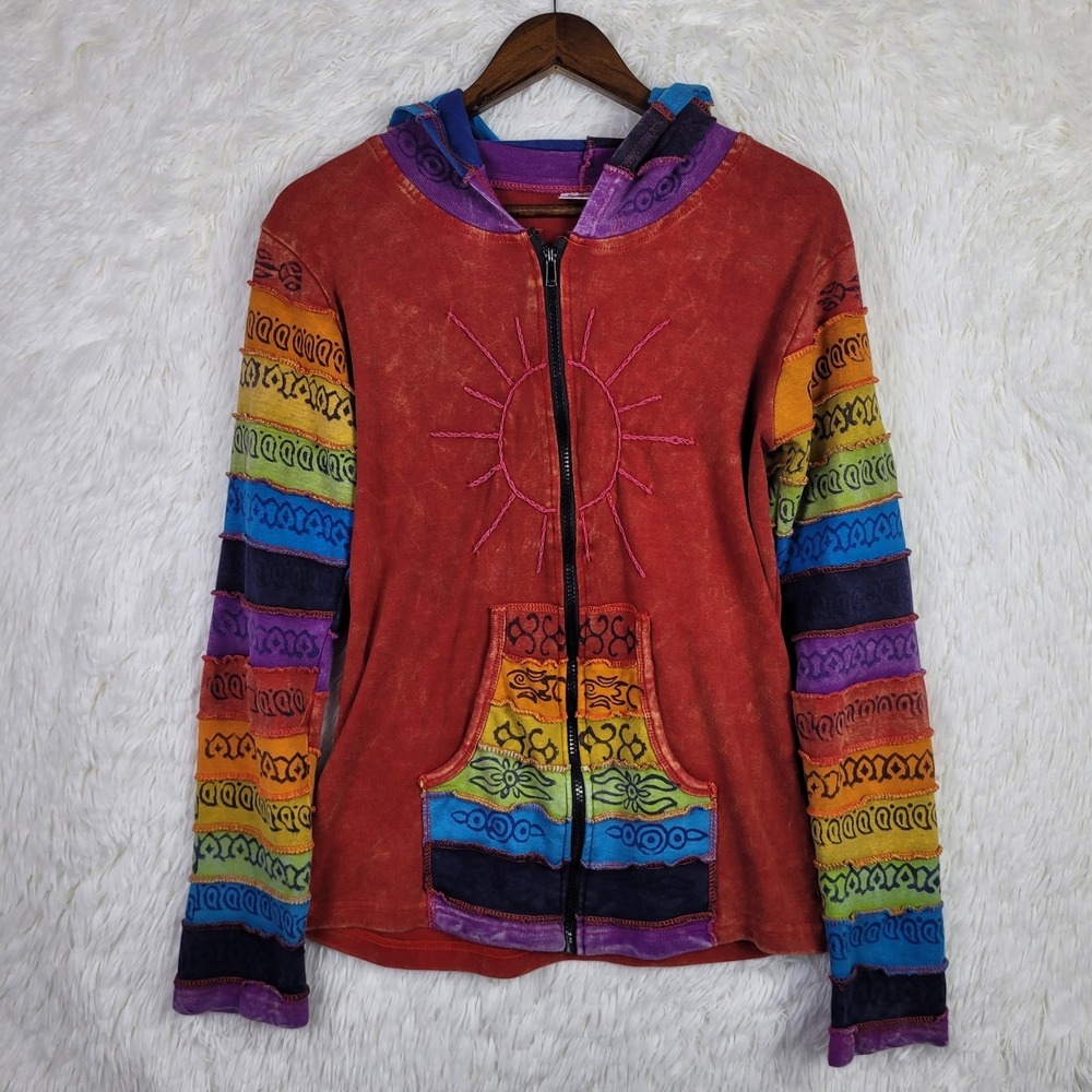Greater Good L/XL Rainbow Embroidered Full Zip Hoodie Patchwork Nepal